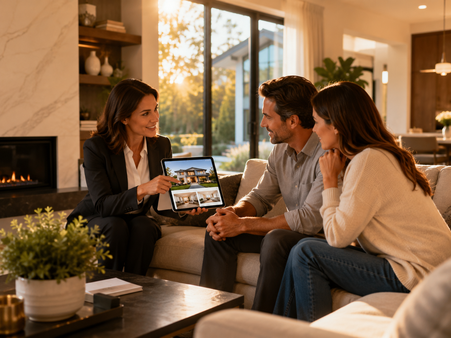 Real estate advisor showing home sale options to homeowners in modern living room