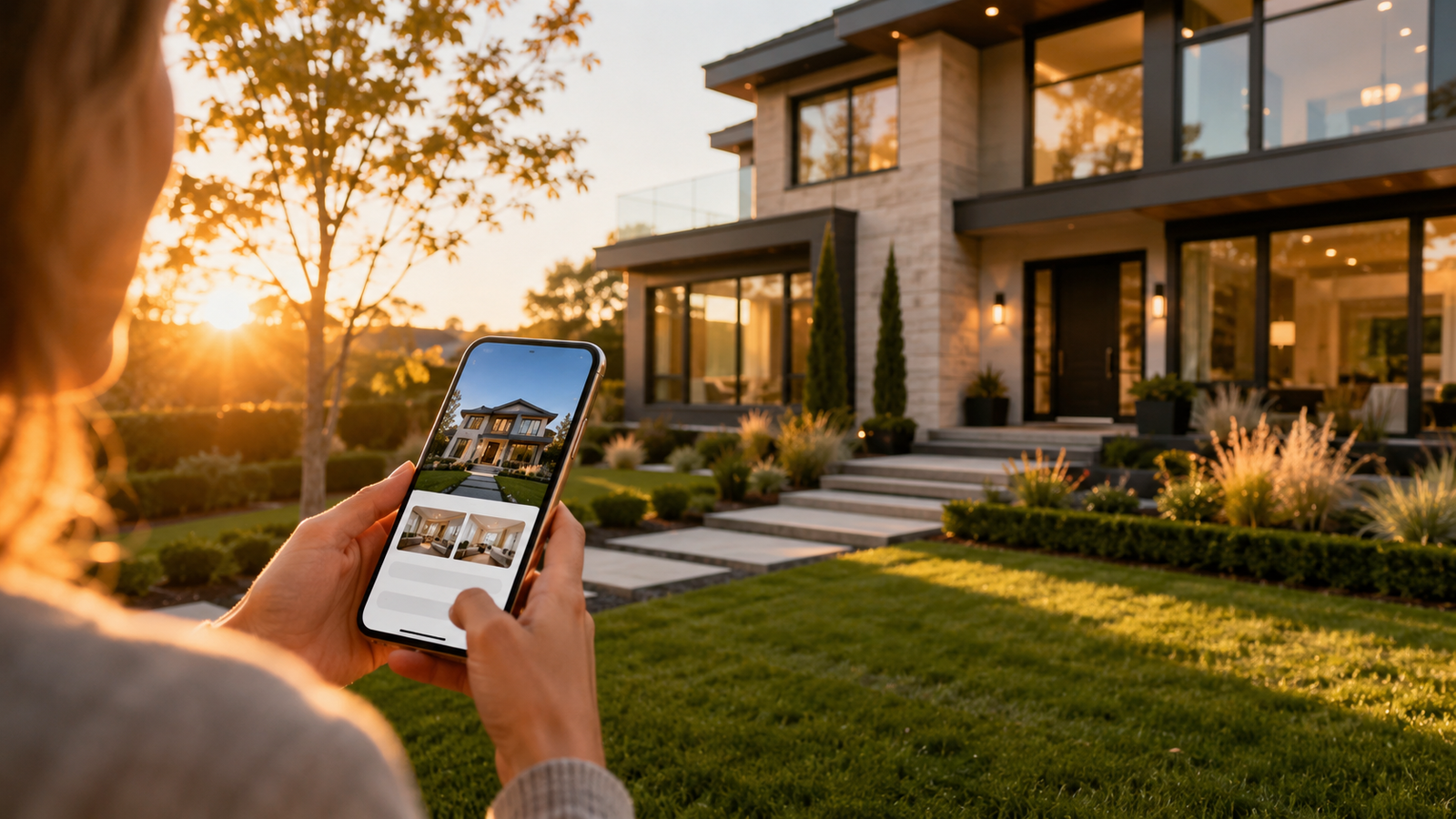 Homeowner using mobile app to view property sale listing outside modern home