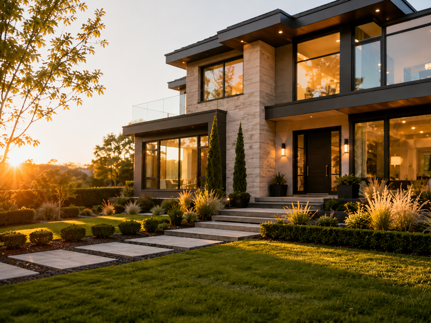 Modern luxury home at golden hour ready for sale
